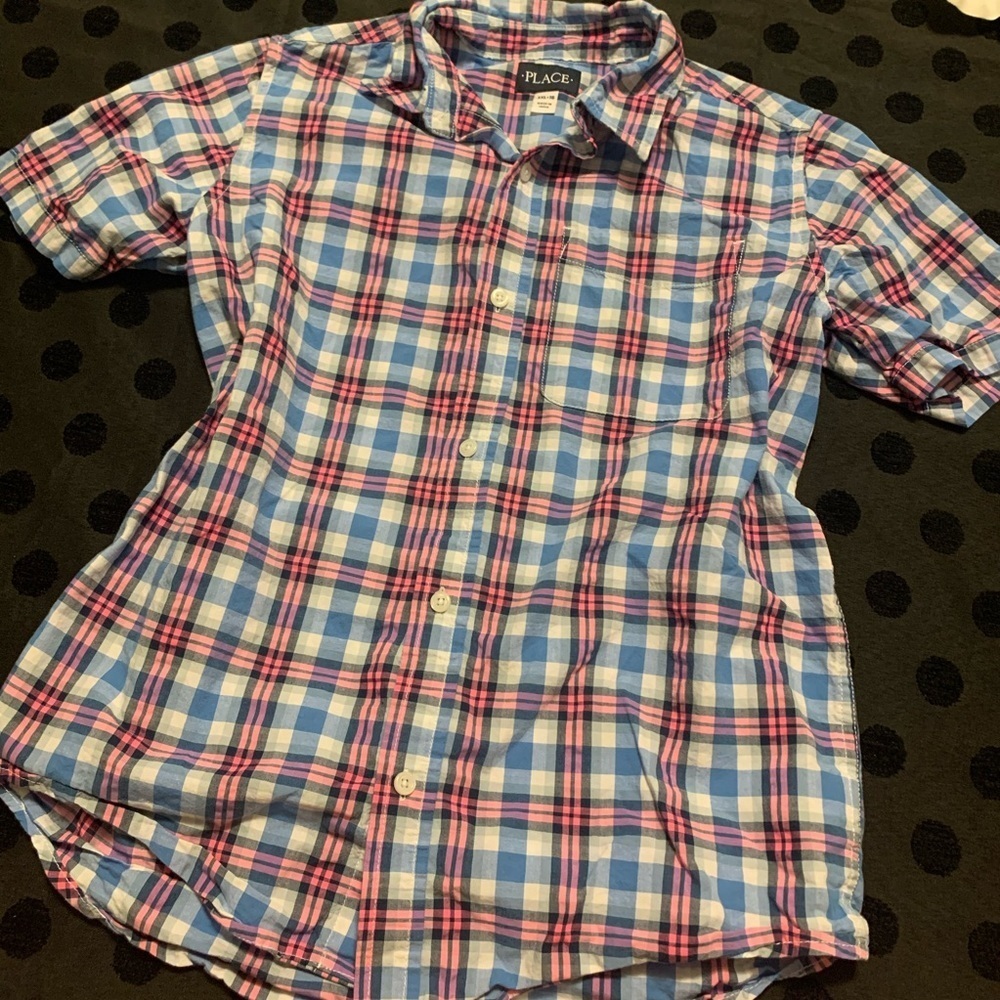 Children’s Place Pink & Blue Plaid Boys Button down shirt  XXL 16